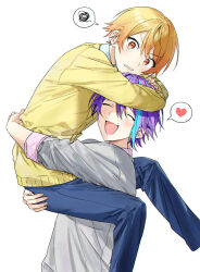 Rule 34 | 2boys, :d, ^ ^, blonde hair, blue hair, blue pants, blush, buttons, cardigan, carrying, clenched teeth, closed eyes, commentary request, gradient hair, grey cardigan, hair between eyes, heart, hk (wgyz7222), hug, kamishiro rui, korean commentary, long sleeves, looking at viewer, looking to the side, male focus, multicolored hair, multiple boys, open mouth, orange eyes, orange hair, pants, project sekai, purple hair, purple shirt, shirt, short hair, sidelocks, simple background, sleeves rolled up, smile, speech bubble, spoken heart, spoken squiggle, squiggle, streaked hair, tearing up, teeth, tenma tsukasa, v-shaped eyebrows, white background, yellow cardigan