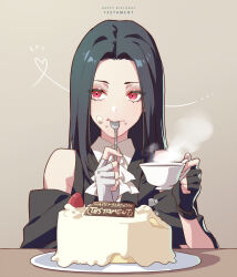 Rule 34 | 1other, androgynous, ascot, asymmetrical gloves, bare shoulders, birthday cake, black hair, cake, eating, fingerless gloves, food, gloves, guilty gear, guilty gear strive, hat, unworn hat, unworn headwear, highres, long hair, looking at viewer, other focus, red eyes, talgi, tea, testament (guilty gear)