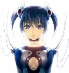 Rule 34 | 1girl, android, bad id, bad pixiv id, barcode, blue eyes, blue hair, breasts, cable, charging, choker, cleavage, cleavage cutout, clothing cutout, matching hair/eyes, original, recharging, ryou (kimagure), short hair, short twintails, solo, twintails, wire