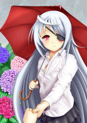 Rule 34 | 1girl, absurdres, black skirt, blush, dress shirt, eyepatch, floral background, flower, holding hands, highres, holding, holding umbrella, hydrangea, infinite stratos, laura bodewig, long hair, long sleeves, looking at viewer, pov, pov hands, rain, red eyes, red umbrella, shirt, skirt, smile, solo focus, umbrella, very long hair, water drop, white hair, white shirt
