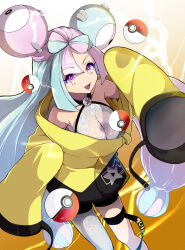 Rule 34 | 1girl, :d, black shorts, character hair ornament, commentary request, creatures (company), electricity, game freak, green hair, hair ornament, highres, iono (pokemon), jacket, long hair, multicolored hair, nintendo, open mouth, pink hair, poke ball, poke ball (basic), pokemon, pokemon sv, purple eyes, shirt, shorts, single leg pantyhose, sleeveless, sleeveless shirt, sleeves past fingers, sleeves past wrists, smile, solo, star (symbol), star print, teeth, thigh strap, toiro gawon, tongue, twintails, two-tone hair, upper teeth only, yellow jacket