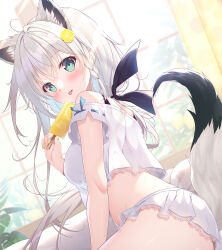 Rule 34 | 1girl, ahoge, animal ear fluff, animal ears, black bow, black bra, blurry, blurry background, blush, bow, bra, braid, commentary request, crop top, earrings, food, fox ears, fox girl, fox tail, green eyes, hair between eyes, hair bow, hair ornament, highres, holding, holding food, holding popsicle, hololive, indoors, jewelry, long hair, looking at viewer, looking to the side, mikeou, miniskirt, popsicle, shirakami fubuki, shirt, sidelocks, single braid, skirt, solo, tail, tongue, tongue out, underwear, virtual youtuber, white hair, white shirt, white skirt, window