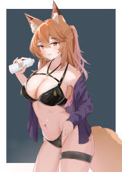 Rule 34 | 1girl, absurdres, animal ears, arknights, bare shoulders, bikini, black background, black bikini, blush, border, bottle, breasts, brown eyes, brown hair, cleavage, collarbone, contrapposto, cowboy shot, fox ears, fox girl, fox tail, franka (arknights), highres, holding, holding bottle, lahz52, large breasts, long hair, long sleeves, looking at viewer, navel, o-ring, o-ring bikini, o-ring top, one side up, open clothes, open shirt, outside border, parted lips, purple shirt, shirt, simple background, smile, solo, stomach, swimsuit, tail, thigh strap, thighs, white border, zipper pull tab