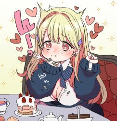 Rule 34 | 1girl, blonde hair, blue bow, blue bowtie, blue jacket, blush, bowtie, breasts, brown eyes, cake, claw ring, cleavage, collared shirt, eating, food, goddess of victory: nikke, hair ornament, heart, heart-shaped pupils, jacket, large breasts, long hair, mamemix, multiple rings, off-shoulder jacket, off shoulder, partially unbuttoned, puffy sleeves, ring, shirt, sleeves past wrists, solo, symbol-shaped pupils, tearing up, tia (nikke), white shirt