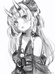Rule 34 | 1girl, bad id, bad pixiv id, bare shoulders, bell, covered erect nipples, fang, flat chest, greyscale, hair bell, hair ornament, hair tassel, head tilt, highres, hololive, horns, japanese clothes, jingle bell, kimono, long hair, looking at viewer, mask, mask on head, monochrome, nakiri ayame, nakiri ayame (1st costume), nanashi (nlo), obi, off shoulder, oni, oni mask, parted lips, sash, simple background, skin fang, solo, tassel, tassel hair ornament, virtual youtuber, white background