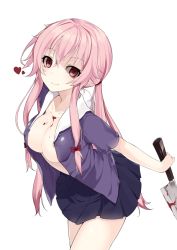 Rule 34 | 1girl, areola slip, bad id, bad pixiv id, blood, blood stain, bow, breasts, cleavage, gasai yuno, heart, knife, long hair, looking at viewer, mirai nikki, no bra, open clothes, open shirt, pink eyes, pink hair, ponytail, shirt, sidelocks, simple background, skirt, soburi, solo, yandere