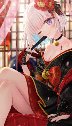 Rule 34 | 1girl, airani iofifteen, bare shoulders, bell, blush, breasts, cleavage, colored inner hair, commentary request, crossed legs, earrings, flower, folding fan, gloves, hair flower, hair ornament, hand fan, highres, hololive, hololive indonesia, japanese clothes, jewelry, kimono, lace, lace gloves, looking at viewer, medium breasts, multicolored hair, nail polish, neck bell, off shoulder, one eye closed, pink hair, purple eyes, short hair, shoulder tattoo, sitting, smile, solo, tattoo, virtual youtuber, yano mitsuki (nanairo)