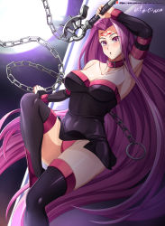 Rule 34 | 1girl, absurdres, black dress, black footwear, boots, breasts, clothes lift, collar, collarbone, detached sleeves, dress, dress lift, facial mark, fate/grand order, fate/stay night, fate (series), forehead mark, high heel boots, high heels, highres, large breasts, long hair, medusa (fate), medusa (rider) (fate), nameless dagger (fate), panties, purple eyes, purple hair, purple panties, short dress, solo, square pupils, thigh boots, thighhighs, underwear, very long hair, vilde loh hocen