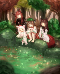 Rule 34 | 1girl, 4girls, absurdres, animal ears, barefoot, black dress, bow, braid, brown eyes, brown hair, bush, cat, cat ears, cat tail, chen, detached sleeves, dress, earrings, fishing, fishing rod, forest, hair ribbon, hat, highres, imaizumi kagerou, inubashiri momiji, jewelry, kaenbyou rin, katana, layered dress, leaf, light rays, long hair, long sleeves, looking at another, maple leaf, mob cap, multiple girls, multiple tails, nature, nekomata, nekotsuki, open mouth, plant, pointing, pointing down, pom pom (clothes), pond, red eyes, red hair, red skirt, ribbon, rock, rod, scenery, shirt, short hair, silver hair, single earring, sitting, sitting on rock, skirt, skirt set, smile, sparkle, sunlight, sword, tail, tokin hat, touhou, tress ribbon, twin braids, vest, weapon, wolf ears, wolf tail