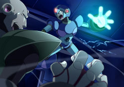 Rule 34 | 2boys, android, angry, armor, bald, blue armor, commentary request, electricity, glowing, green armor, helmet, looking at viewer, male focus, mega man: maverick hunter x, mega man (series), x (mega man), mega man x (series), multiple boys, open mouth, parco 1315, pointy nose, robot, shaded face, shadow, sigma (mega man), teeth, upper teeth only