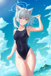 Rule 34 | 1girl, absurdres, animal ear fluff, animal ears, aq echoo, black one-piece swimsuit, blue archive, blue eyes, blue sky, breasts, cloud, competition swimsuit, covered navel, cowboy shot, cross hair ornament, day, extra ears, grey hair, hair ornament, halo, highres, horizon, light smile, low ponytail, medium breasts, medium hair, mismatched pupils, mountainous horizon, multicolored clothes, multicolored swimsuit, ocean, official alternate costume, one-piece swimsuit, outdoors, parted lips, shiroko (blue archive), shiroko (swimsuit) (blue archive), sky, smile, solo, swimsuit, thigh gap, water, wolf ears