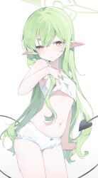 Rule 34 | 1girl, absurdres, blue archive, blush, bra, closed mouth, demon tail, gradient background, green hair, green halo, grey background, halo, hand on own chest, highres, hikari (blue archive), long hair, meunhongcha, navel, panties, pointy ears, solo, standing, sweatdrop, tail, thighs, underwear, underwear only, very long hair, white background, white bra, white panties, yellow eyes