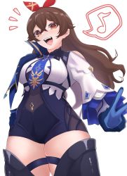 Rule 34 | 1girl, absurdres, amber (genshin impact), blouse, blue footwear, blue gloves, blue shorts, boots, breasts, brown eyes, brown hair, cosplay, eula (genshin impact), eula (genshin impact) (cosplay), genshin impact, gloves, hair ribbon, high-waist shorts, highres, kirima (user danf8787), looking down, medium breasts, musical note, red ribbon, ribbon, shirt, shorts, smile, solo, speech bubble, spoken musical note, thigh boots, thighhighs, thighs, v, white background, white shirt