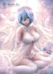Rule 34 | 10s, 1girl, arm behind back, artist name, blue eyes, blue flower, blue hair, blue rose, bouquet, breasts, bridal veil, bride, cleavage, closed mouth, commentary, crying, crying with eyes open, curtains, detached collar, flower, garter straps, hair between eyes, hair ornament, large breasts, navel, pink flower, pink rose, rachta lin, re:zero kara hajimeru isekai seikatsu, rem (re:zero), ribbon-trimmed clothes, ribbon trim, rose, short hair, sitting, smile, solo, tears, thighhighs, veil, watermark, web address, white thighhighs, window, x hair ornament