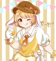 Rule 34 | 1girl, absurdres, adapted costume, animal ears, brown hat, cabbie hat, character name, collared shirt, commentary request, dango, flat cap, floppy ears, food, gloves, hat, highres, moon rabbit, necktie, one-hour drawing challenge, orange necktie, orange vest, pppia725, puffy short sleeves, puffy sleeves, rabbit ears, ringo (touhou), shirt, short sleeves, shorts, solo, striped clothes, striped shorts, tongue, tongue out, touhou, vest, wagashi, white gloves, white shirt, yellow shorts