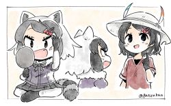 Rule 34 | 2girls, :d, artist name, black eyes, black hair, commentary, common raccoon (kemono friends), fang, fur collar, hair ornament, hairclip, hat, hat feather, kaban (kemono friends), kemono friends, mirror, multiple girls, open mouth, panzuban, pointing, pointing at self, raccoon tail, red shirt, shirt, short hair, short sleeves, simple background, smile, tail, twintails, twitter username, white background, white hair, white hat