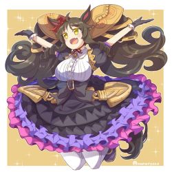 Rule 34 | 1girl, animal ears, arms up, big hair, black dress, black footwear, black gloves, black hair, border, breasts, brown hair, center frills, collared dress, commentary, dress, fang, frills, gloves, headdress, highres, horse ears, horse girl, horse tail, jumping, large breasts, layered dress, legs up, looking to the side, marvelous sunday (umamusume), medium dress, namatyoco, open mouth, oppai loli, outside border, outstretched arms, pantyhose, puffy short sleeves, puffy sleeves, shoes, short sleeves, simple background, skin fang, smile, solo, sparkle, spread arms, tail, twitter username, umamusume, white border, white pantyhose, yellow background, yellow eyes