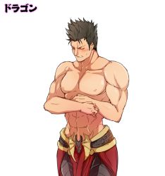 Rule 34 | 1boy, abs, bare pectorals, black hair, clenched teeth, cowboy shot, embarrassed, closed eyes, facial hair, male focus, muscular, nipples, pectorals, rowen (shadowverse), rowen dragespear, shadowverse, topless male, simple background, solo, stubble, sweatdrop, teeth, waero, white background