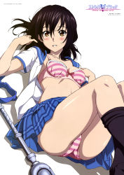 Rule 34 | 1girl, absurdres, ass, blush, bra, breasts, cleavage, feet, highres, himeragi yukina, looking at viewer, medium breasts, official art, open clothes, open shirt, panties, pleated skirt, sano keiichi, school uniform, simple background, skirt, socks, strike the blood, striped bra, striped clothes, striped panties, thighs, underwear, weapon, white background