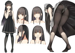 Rule 34 | 1girl, ass, beret, black dress, blush, brown eyes, brown pantyhose, closed eyes, closed mouth, collarbone, covering own mouth, dot nose, dress, expressions, facing viewer, grey hair, grey headwear, grey panties, hand over own mouth, hat, knees together feet apart, kureha (ironika), long hair, looking at viewer, mole, mole under eye, original, panties, pantyhose, pigeon-toed, pleated dress, profile, smile, underwear, wind, wind lift