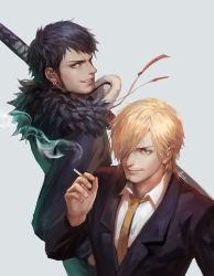 Rule 34 | 2boys, beard, between fingers, black hair, black jacket, blonde hair, blue eyes, cigarette, collared shirt, earrings, facial hair, formal, from above, fur trim, grey background, grin, hair over one eye, highres, holding, holding cigarette, jacket, jewelry, kdash, kikoku, long sideburns, long sleeves, looking at viewer, male focus, manly, multiple boys, mustache, necktie, one eye covered, one piece, realistic, sanji (one piece), shirt, sideburns, simple background, smile, smoke, smoking, suit, sword, trafalgar law, upper body, weapon, white shirt, yellow necktie