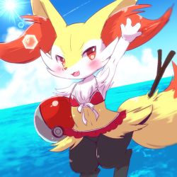 Rule 34 | 1girl, animal ear fluff, animal ears, animal hands, animal nose, arm up, ball, beachball, bikini, blue background, blush, body fur, bow, braixen, claws, clothed pokemon, cloud, creatures (company), day, fang, fox ears, fox tail, furry, furry female, game freak, gen 6 pokemon, kemoribon, lens flare, looking away, navel, nintendo, ocean, open mouth, outdoors, poke ball, poke ball (basic), pokemon, pokemon (creature), pokemon xy, red bikini, red eyes, sky, smile, snout, solo, stick, swimsuit, tail, teeth, water, waving, white bow