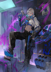 Rule 34 | 1girl, asymmetrical gloves, black gloves, black pants, blue footwear, blue gloves, blue jacket, breasts, cropped jacket, earrings, gloves, head tilt, hela (high energy heroes), high energy heroes, highres, jacket, jewelry, looking at viewer, medium breasts, midriff, mismatched gloves, navel, pants, partially fingerless gloves, shoes, smile, smoke grenade, sneakers, solo, tang qi zang, throwing, undercut, wanted, white jacket