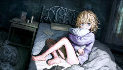 Rule 34 | 1girl, absurdres, barefoot, blonde hair, blue eyes, comforter, curtains, dark, freckles, highres, holding, holding pillow, looking afar, looking at viewer, medium hair, messy hair, nightstand, no pants, notebook, hugging object, on bed, open door, open mouth, original, panties, pen, pencil, pillow, pillow hug, plate, sho (sho lwlw), signature, sitting, unworn socks, solo, spoon, sweater, thermos, trash bag, underwear, white panties, window, wooden floor