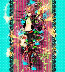 Rule 34 | 1boy, aged down, belt, brown hair, chain, fire, fire, gloves, green eyes, heterochromia, high heels, highres, horns, jacket, katekyo hitman reborn!, male focus, nipples, open clothes, red eyes, sawada tsunayoshi, shoes, short hair, solo, tail