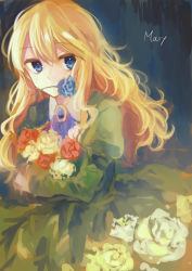 Rule 34 | 1girl, artist request, bad id, bad tumblr id, blonde hair, blue eyes, blue flower, blue rose, bouquet, dress, flower, highres, ib (kouri), long hair, mary (ib), mouth hold, red flower, red rose, rose, solo, tears, yellow flower, yellow rose