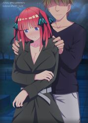 Rule 34 | 1boy, 1girl, arms under breasts, asobi night, black ribbon, black shirt, blonde hair, blue eyes, blush, breasts, brown jacket, butterfly hair ornament, cleavage, collarbone, colorized, faceless, faceless male, go-toubun no hanayome, hair ornament, hair ribbon, hands on another&#039;s shoulders, highres, jacket, kosmos beta, large breasts, looking down, looking to the side, medium hair, nail polish, nakano nino, naked jacket, nature, night, night sky, no bra, outdoors, pants, pink hair, pink nails, ribbon, shirt, sky, twintails, two side up