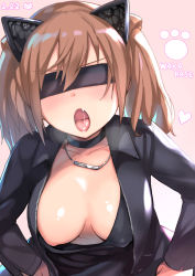 Rule 34 | 1girl, alice gear aegis, asahashi tsuyu, blindfold, blush, breasts, breasts apart, character request, collarbone, dated, fang, hair between eyes, highres, kimikage yui, leaning forward, light brown hair, long sleeves, looking at viewer, medium hair, open mouth, purple eyes, skin fang, solo, tongue, twintails