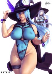 Rule 34 | 1girl, adapted costume, armlet, artnip, belly, black hat, black scarf, blue eyes, blue hair, blue leotard, bracelet, breasts, character request, chest harness, commentary, copyright request, covered erect nipples, covered navel, cowboy shot, crossed bangs, curvy, earrings, english commentary, harness, hat, huge breasts, inset, jewelry, leotard, lips, long hair, looking at viewer, nose, redrawn, scarf, skindentation, solo, standing, sweat, thick thighs, thigh strap, thighs, witch hat