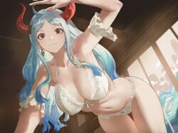 Rule 34 | 1girl, :3, ahoge, arm above head, arm garter, arm up, armpits, bare shoulders, blue hair, bra, breasts, cleavage, closed mouth, cowboy shot, demon horns, dutch angle, earrings, from below, front-tie bra, gradient hair, halterneck, highres, horns, indoors, jewelry, lace, lace-trimmed bra, lace trim, large breasts, leaning forward, long hair, looking at viewer, multicolored hair, navel, o-ring, one piece, panties, parted bangs, red eyes, salmon88, salute, sidelocks, smile, solo, standing, stomach, thigh gap, underwear, underwear only, white bra, white hair, white panties, yamato (one piece)