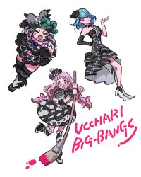 Rule 34 | 3girls, :d, black dress, black footwear, blue hair, bow, braid, closed eyes, closed mouth, dress, full body, giant brush, glasses, green hair, group name, hair bow, hand on own hip, hand up, high heels, hojo cosmo, holding, holding paintbrush, idol clothes, kiki ajimi, long hair, looking at viewer, multiple girls, nabeshima chanko, open mouth, oversized object, paintbrush, pink-framed eyewear, pink hair, pretty series, pripara, rituyama1, short hair, simple background, smile, standing, standing on one leg, twin braids, white background