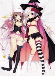 Rule 34 | 2girls, :o, absurdres, armpits, ayachi nene, belt, black hat, black legwear, blue eyes, breasts, bridal garter, brown hair, cape, detached sleeves, frills, from above, full body, grey hair, groin, hat, highres, knees together feet apart, kobuichi, long hair, looking at viewer, lying, miniskirt, multiple girls, muririn, navel, nipples, on back, open clothes, open shirt, panties, panty pull, parted lips, sanoba witch, shiiba tsumugi, shirt, single thighhigh, skirt, striped clothes, striped legwear, striped thighhighs, thighhighs, triangle mouth, underwear, vertical-striped clothes, vertical-striped legwear, vertical-striped thighhighs, white legwear, white panties, witch hat