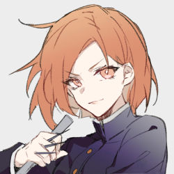 Rule 34 | 1girl, black jacket, buttons, chinese commentary, closed mouth, commentary request, gakuran, holding, holding weapon, jacket, jujutsu kaisen, kugisaki nobara, long sleeves, looking at viewer, nail, orange eyes, orange hair, school uniform, short hair, sketch, smile, solo, weapon, yusa (yusa0751)