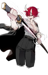 Rule 34 | 1girl, belt, black jacket, black pants, breasts, cleavage, cropped legs, formal, highres, holding, holding sword, holding weapon, horns, jacket, jacket on shoulders, katana, large breasts, looking at viewer, oni horns, original, pant suit, pants, ratatatat74, red hair, scabbard, sheath, shirt, simple background, solo, suit, sword, unsheathing, weapon, white background, white shirt, wing collar