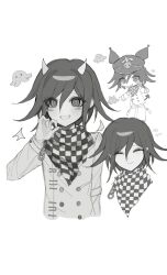 Rule 34 | 1boy, arm at side, blush, buttons, checkered clothes, checkered scarf, closed mouth, cropped torso, danganronpa (series), danganronpa v3: killing harmony, double-breasted, flipped hair, grin, haem (dgv3 45), hair between eyes, hand up, hat, highres, horns, long sleeves, male focus, multiple views, oma kokichi, peaked cap, scarf, smile, teeth, white background