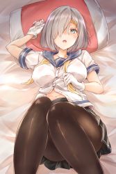 Rule 34 | 1girl, black pantyhose, blue eyes, blush, breasts, eyes visible through hair, gloves, hair ornament, hair over one eye, hairclip, hamakaze (kancolle), highres, kantai collection, large breasts, lying, navel, neckerchief, on back, open mouth, pantyhose, pillow, pleated skirt, raguro, school uniform, serafuku, short hair, short sleeves, silver hair, skirt, solo, white gloves, yellow neckerchief