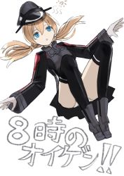 Rule 34 | 1girl, black jacket, black skirt, black thighhighs, blonde hair, blue eyes, hat, highres, jacket, kantai collection, long sleeves, looking at viewer, luicent, armored boots, military, military hat, military uniform, parted lips, prinz eugen (kancolle), skirt, solo, thighhighs, twintails, uniform