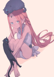 Rule 34 | 1girl, abigail williams (fate), abigail williams (swimsuit foreigner) (fate), abigail williams (swimsuit foreigner) (second ascension) (fate), absurdres, animal, animal on head, barefoot, black cat, blonde hair, blue eyes, breasts, cat, cat on head, crossed ankles, daisi gi, dress swimsuit, expressionless, fate/grand order, fate (series), forehead, highres, keyhole, knees up, long hair, looking at viewer, on head, one-piece swimsuit, parted bangs, simple background, sitting, small breasts, solo, swimsuit, very long hair, white one-piece swimsuit