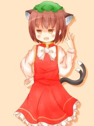Rule 34 | 1girl, abura2000, animal ears, bad id, bad pixiv id, blush, bow, brown eyes, brown hair, cat ears, cat tail, chen, earrings, fang, fingernails, hand on own hip, hat, highres, jewelry, multiple tails, nekomata, open mouth, short hair, simple background, skirt, smug, solo, tail, touhou, two tails