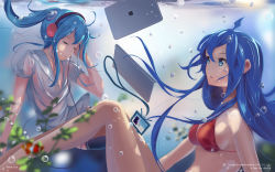 Rule 34 | 2girls, artist name, bili girl 22, bili girl 33, bilibili, black legwear, blue eyes, blue hair, blush, breasts, bubble, closed eyes, closed mouth, computer, dated, facing another, headphones, highres, lancercomet, laptop, medium breasts, multiple girls, parted lips, tablet pc, thighhighs