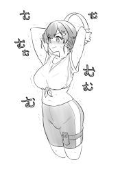 Rule 34 | 1girl, alternate costume, bike shorts, breasts, commentary request, cowboy shot, cropped legs, greyscale, hair flaps, hair ornament, hairclip, jingei (kancolle), joy-con, kantai collection, large breasts, long hair, low ponytail, monochrome, ring-con, ring fit adventure, shirt, solo, sweat, tamu (mad works), thigh strap, tied shirt