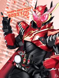 Rule 34 | 1boy, 2023, armor, artist name, build driver, chinese zodiac, city, cityscape, commentary, compound eyes, english commentary, fullfull bottle, hand on own hip, happy new year, hazard trigger, highres, kamen rider, kamen rider build, kamen rider build (series), male focus, new year, open hand, pink eyes, pointing, rabbit, rabbit+rabbit form, red armor, reiei 8, shoulder armor, signature, solo, spring (object), year of the rabbit