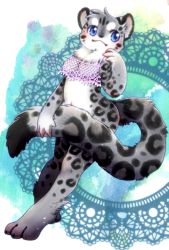 Rule 34 | 1girl, artist request, blue eyes, bottomless, bra, breasts, female focus, full body, furry, furry female, gradient background, leopard, snow leopard, solo, tail covering, underwear, white background