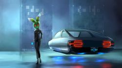 Rule 34 | 10s, 1girl, animal ears, black suit, car, cellval, colored skin, commentary request, expressionless, flying car, formal, green hair, green skin, hair between eyes, highres, kemono friends, looking at viewer, motor vehicle, red eyes, science fiction, short hair, solo, suit, vehicle focus, welt (kinsei koutenkyoku)