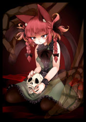 Rule 34 | 1girl, adapted costume, alternate hairstyle, animal ear fluff, animal ears, bare shoulders, black border, black bow, black pantyhose, blunt bangs, blush, border, bow, braid, breasts, bright pupils, buttons, cat ears, cat tail, center frills, closed mouth, dress, extra ears, fang, fang out, frills, full body, giant skeleton, gradient background, green dress, hair bow, hair ribbon, holding, holding skull, kaenbyou rin, light smile, long hair, looking down, multiple tails, nail polish, nekomata, pantyhose, petticoat, red background, red eyes, red hair, red nails, ribbon, simple background, sitting, skeleton, skull, sleeveless, sleeveless dress, small breasts, solo, tail, touhou, tress ribbon, twin braids, twintails, two tails, wariza, wrist cuffs, yutori (inu-hito)