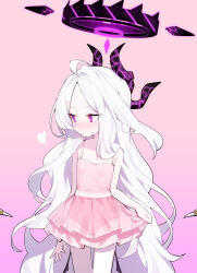 1girl absurdres averting_eyes blue_archive blush demon_horns demon_wings dress flat_chest gradient_background grey_hair halo heart highres hina_(blue_archive) honi_(honi1010) horns long_hair low_wings multiple_horns nose_blush parted_bangs pink_dress see-through see-through_dress simple_background skirt_hold solo tutu very_long_hair wings